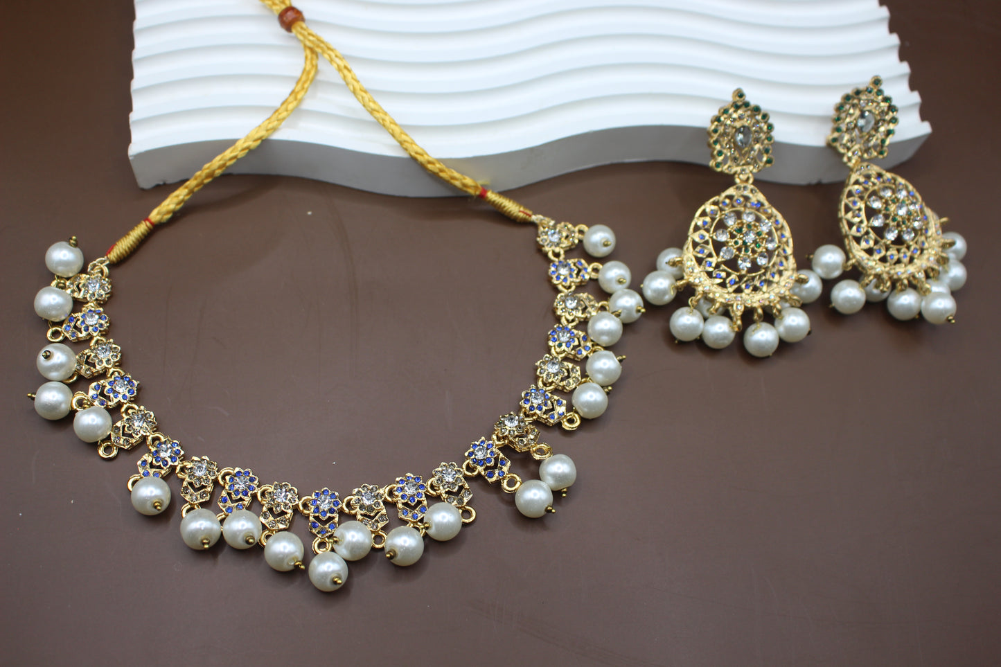 Hyderabadi Blue Pearl Zircon Necklace set