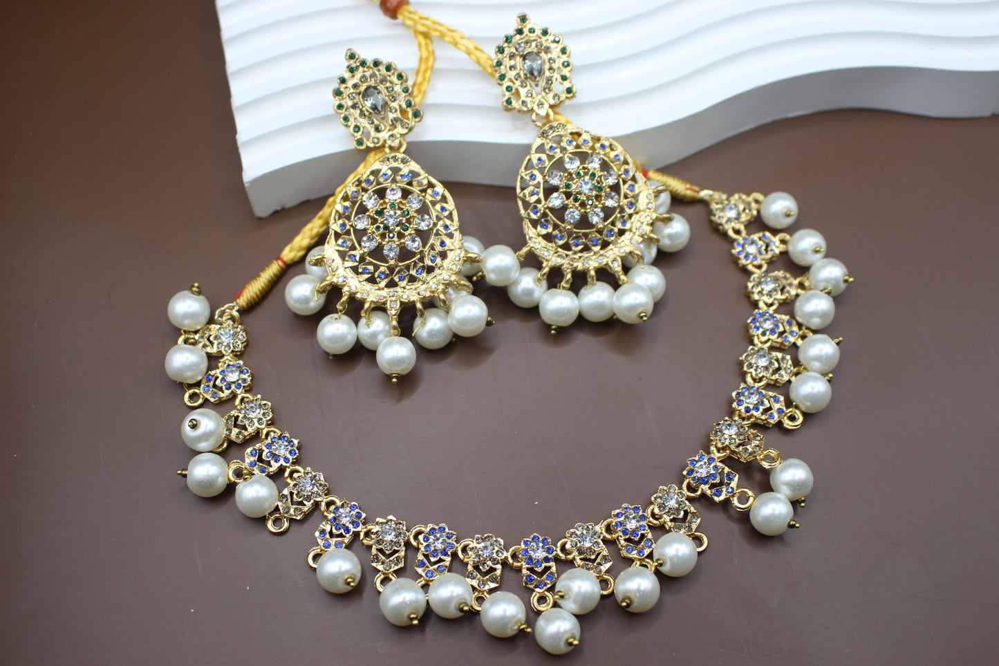 Hyderabadi Blue Pearl Zircon Necklace set