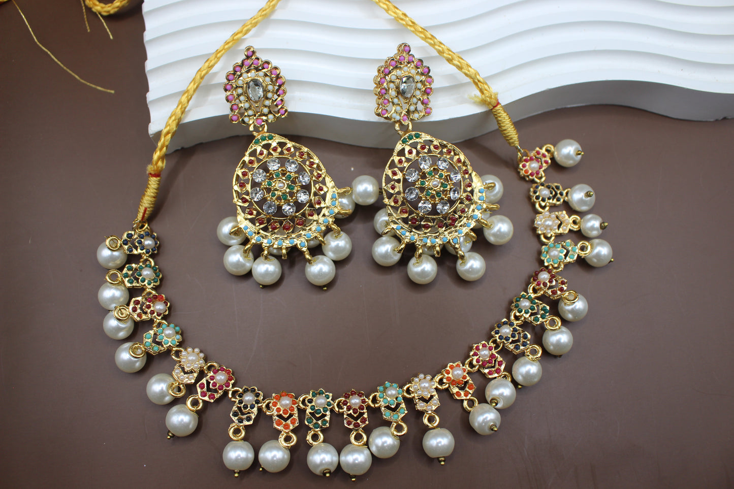 Hyderabadi Nauratan Pearl Zircon Necklace set