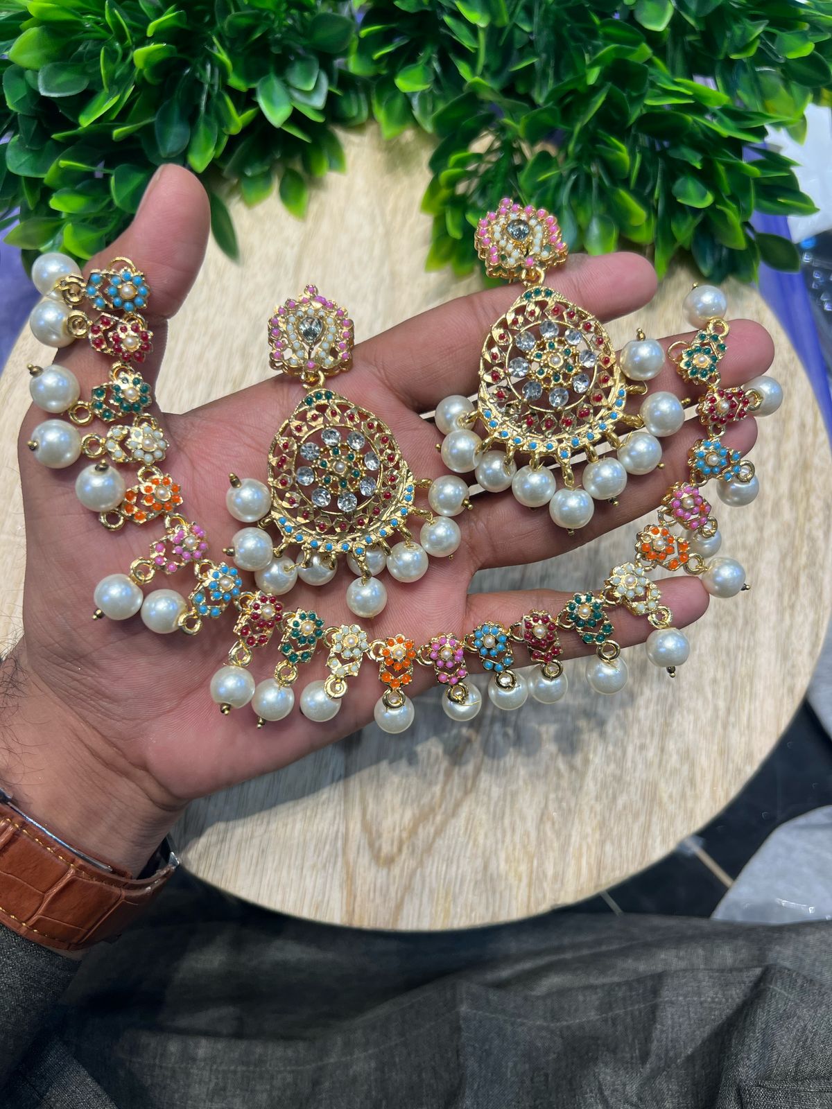 Hyderabadi Nauratan Pearl Zircon Necklace set