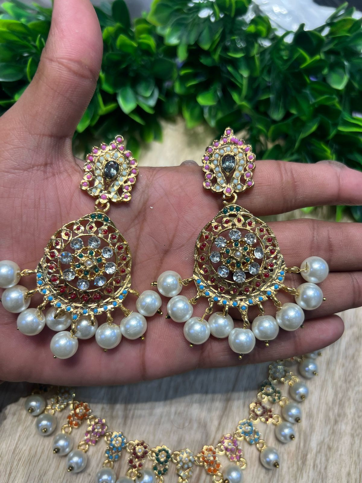 Hyderabadi Nauratan Pearl Zircon Necklace set
