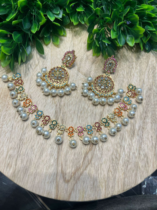 Hyderabadi Nauratan Pearl Zircon Necklace set