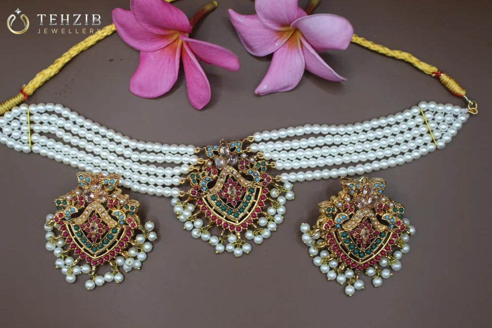 Antique Gold Plated Pearl Choker Set