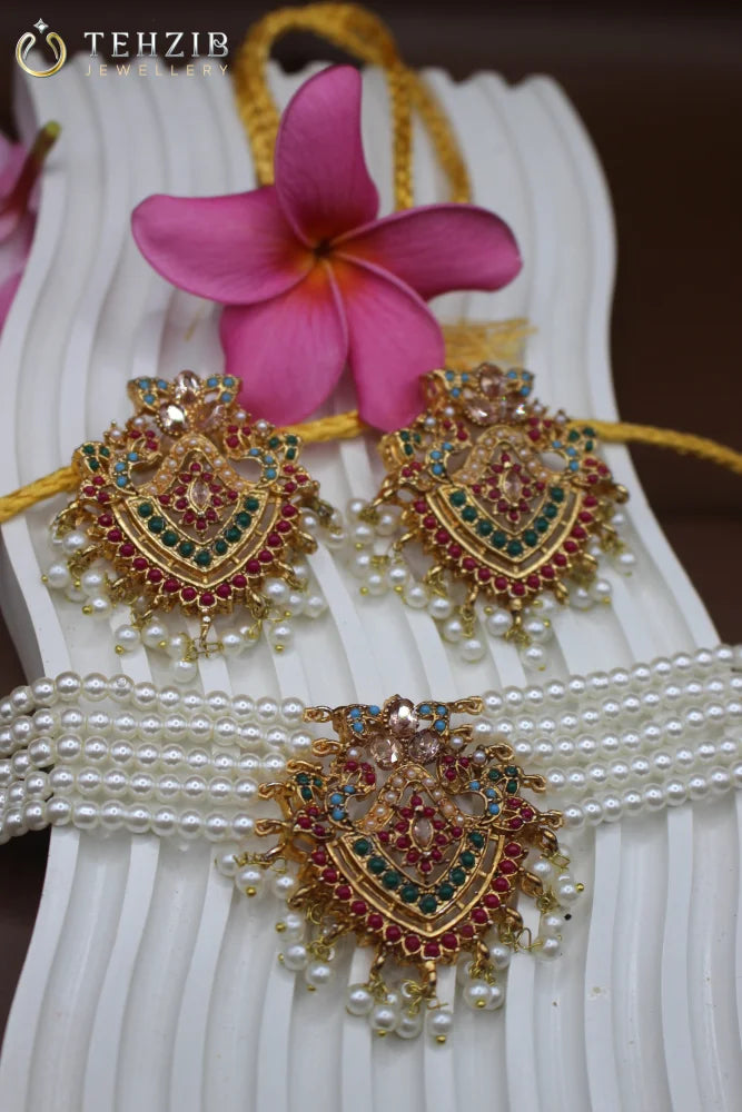 Antique Gold Plated Pearl Choker Set
