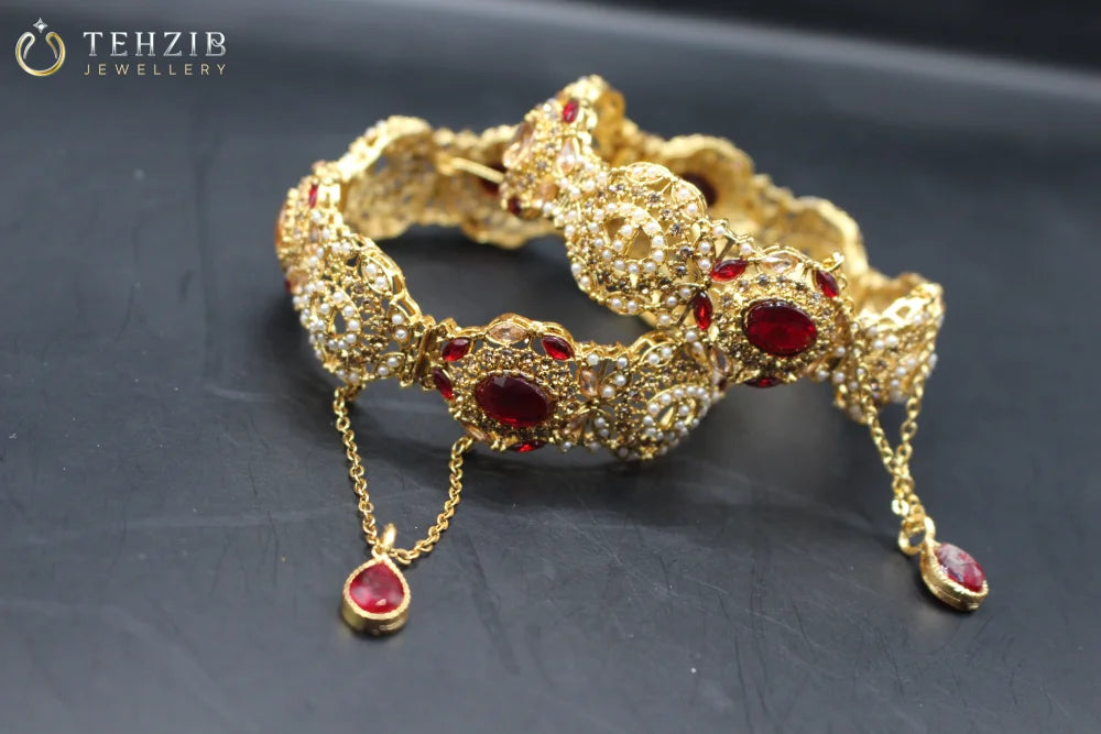 Antique Openable Champagne Red Multistone Bangles