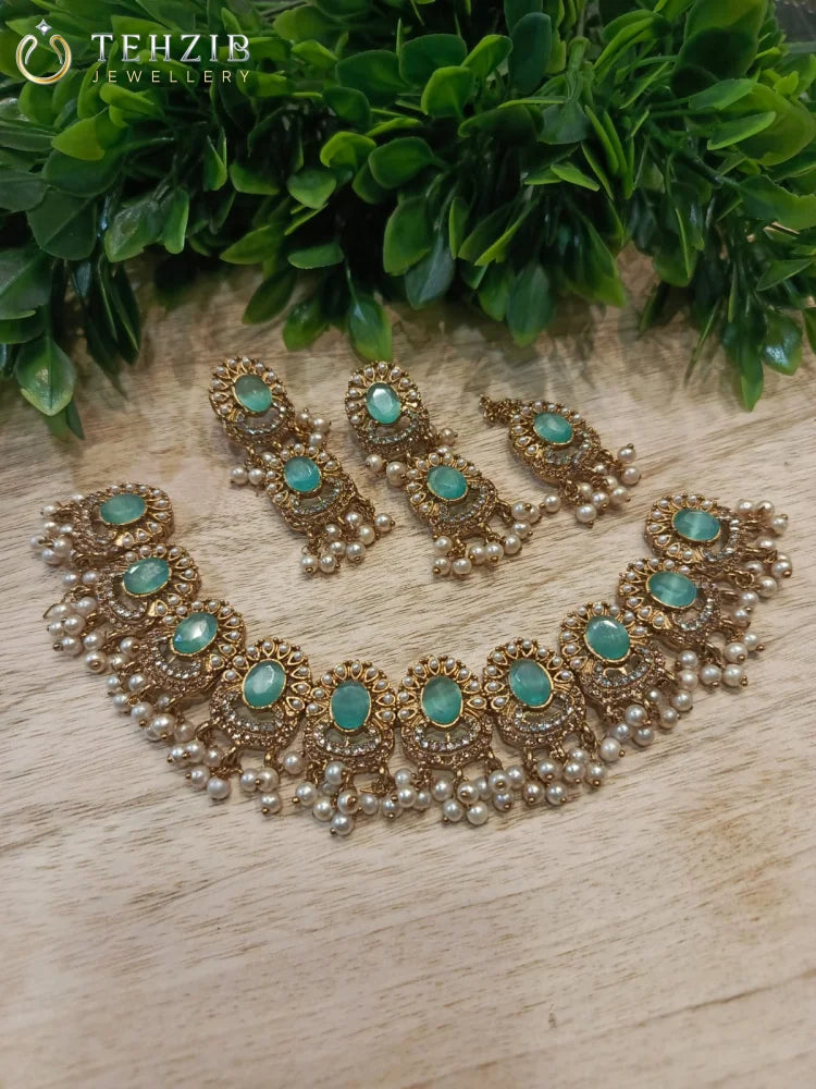 Beautiful Kohinoor Zircon Necklace Set with Earrings & Tikka