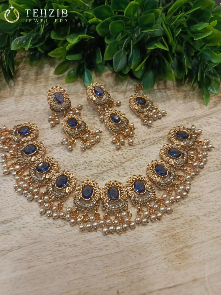 Beautiful Kohinoor Zircon Necklace Set with Earrings & Tikka