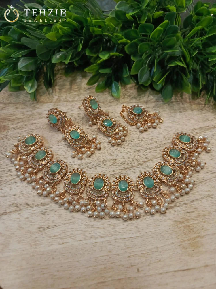 Beautiful Kohinoor Zircon Necklace Set with Earrings & Tikka