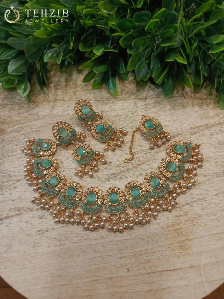 Beautiful Kohinoor Zircon Necklace Set with Earrings & Tikka