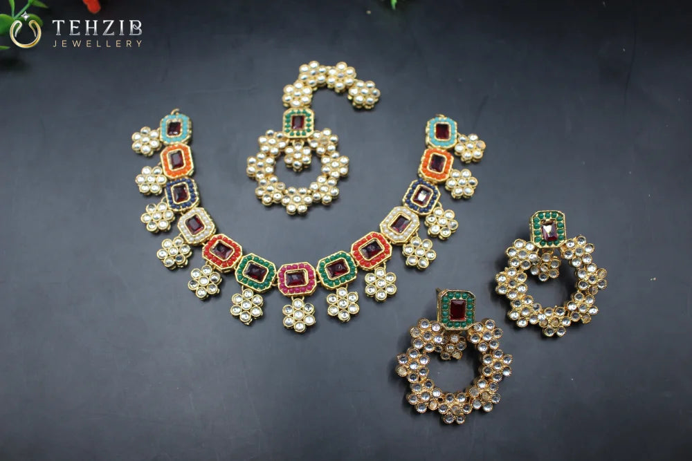 Beautiful Mah Parah Kundan Necklace set Earrings and Tika