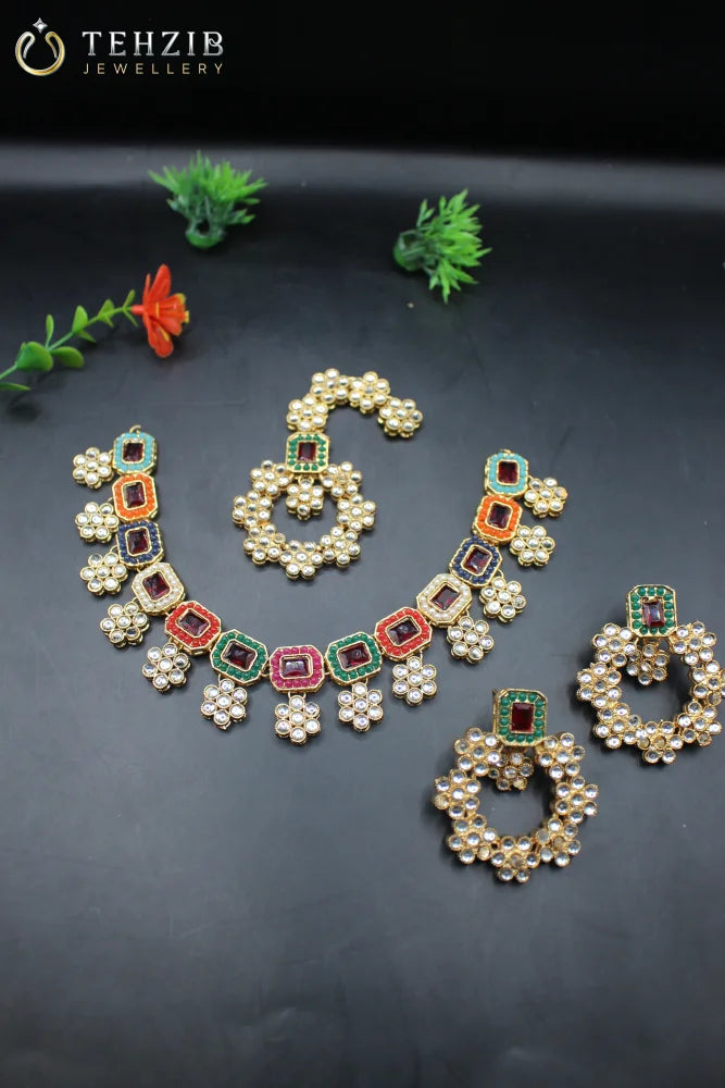 Beautiful Mah Parah Kundan Necklace set Earrings and Tika
