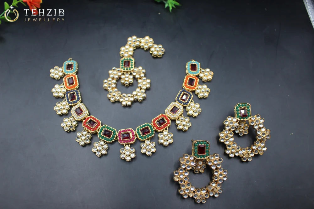 Beautiful Mah Parah Kundan Necklace set Earrings and Tika