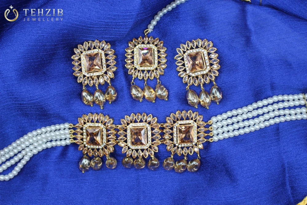 Elegant Party Wear Zircon Choker Set With Tikka and Earrings