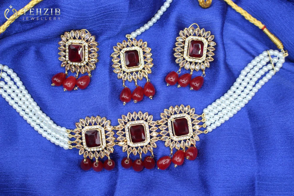 Elegant Party Wear Zircon Choker Set With Tikka and Earrings