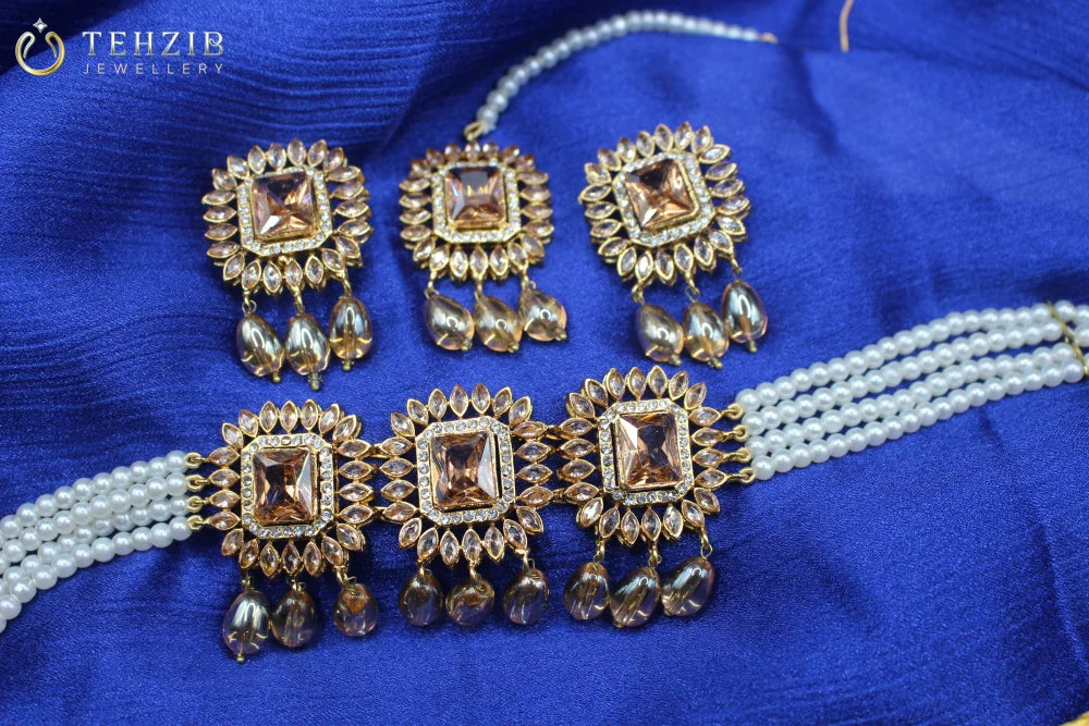 Elegant Party Wear Zircon Choker Set With Tikka and Earrings