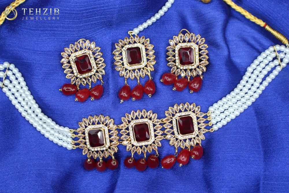 Elegant Party Wear Zircon Choker Set With Tikka and Earrings
