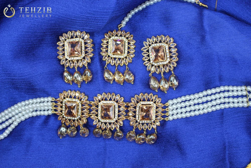 Elegant Party Wear Zircon Choker Set With Tikka and Earrings