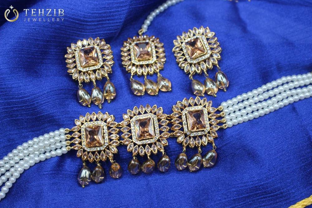 Elegant Party Wear Zircon Choker Set With Tikka and Earrings Champagne