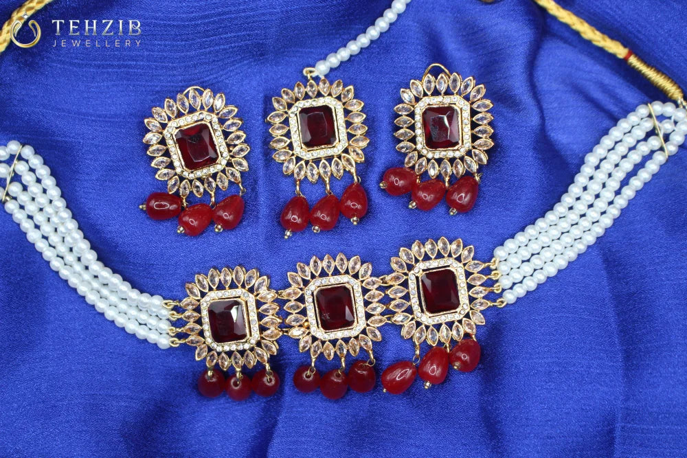 Elegant Party Wear Zircon Choker Set With Tikka and Earrings Red