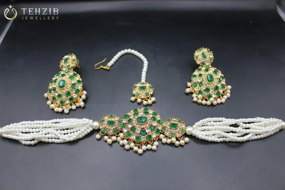 Gul e Lala Choker Set With Earrings and Tika