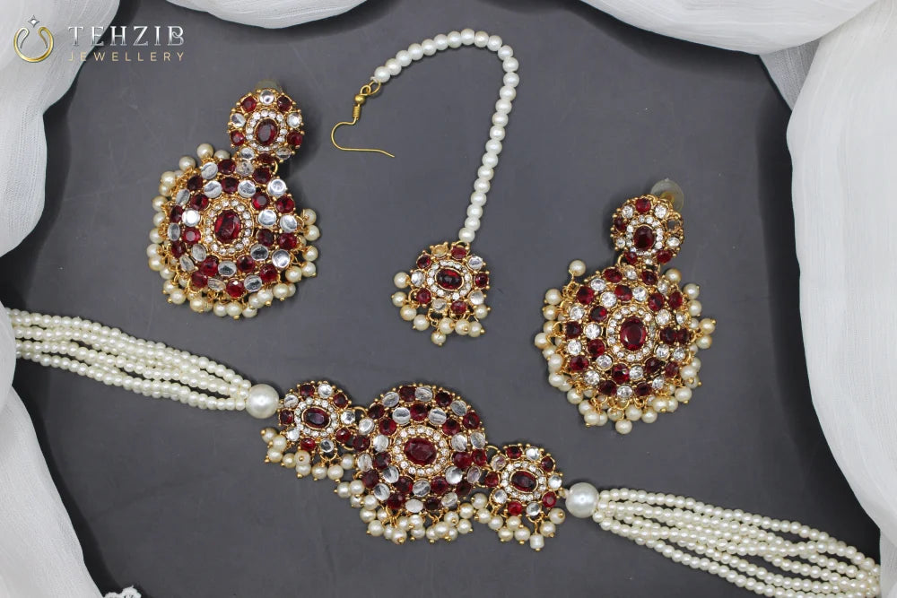 Gul e Lala Choker Set With Earrings and Tika