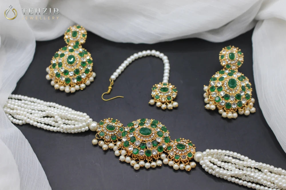 Gul e Lala Choker Set With Earrings and Tika green