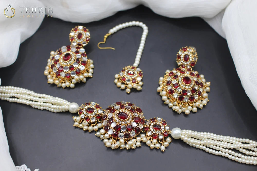 Gul e Lala Choker Set With Earrings and Tika Red