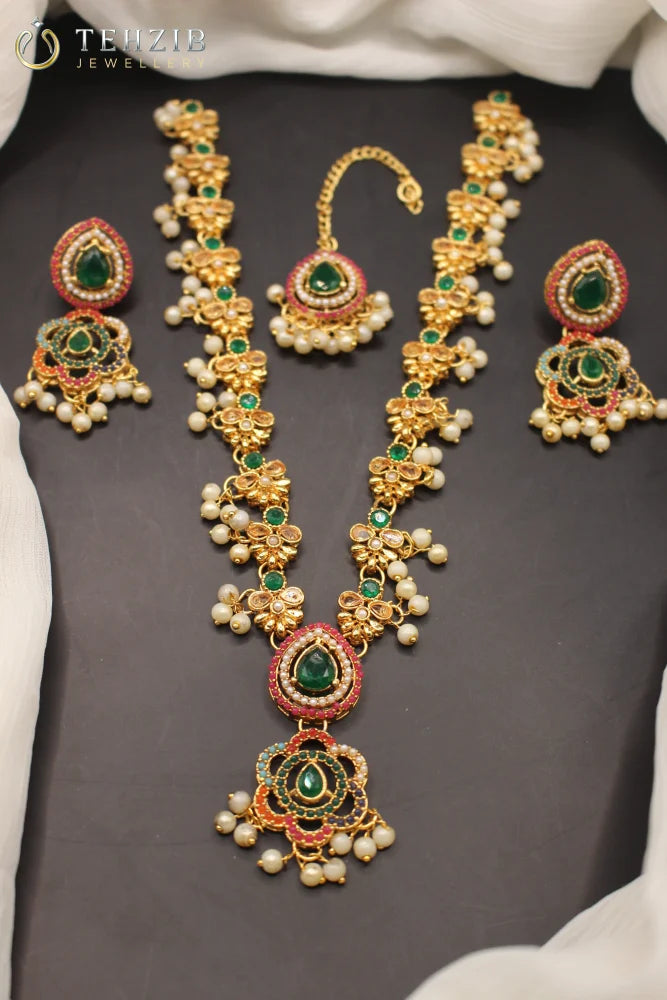 Premium Naurattan Floral Mala Necklace with Earrings and Tika