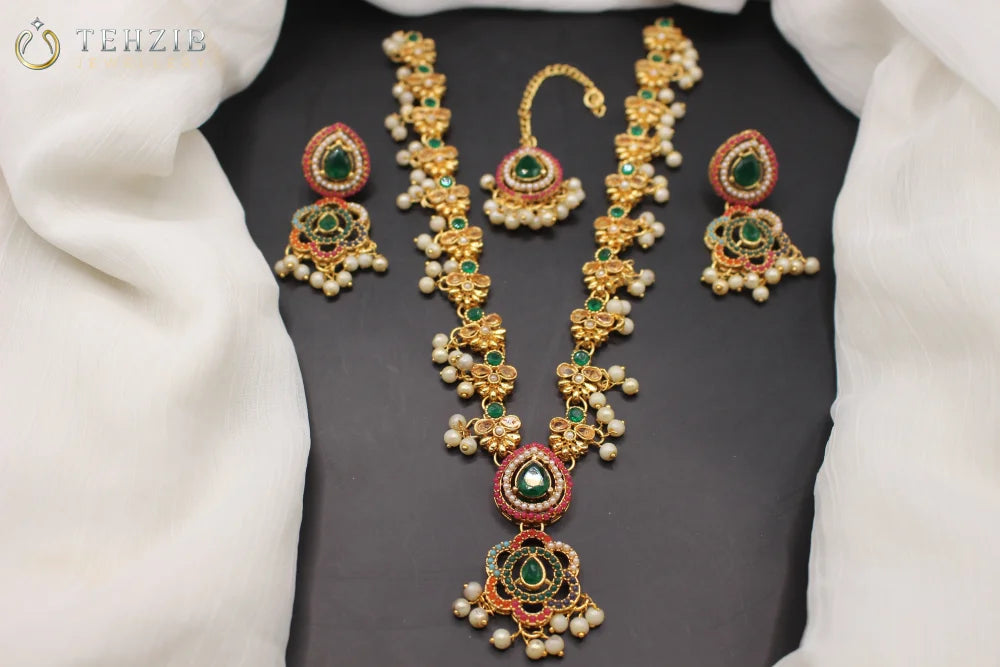 Premium Naurattan Floral Mala Necklace with Earrings and Tika