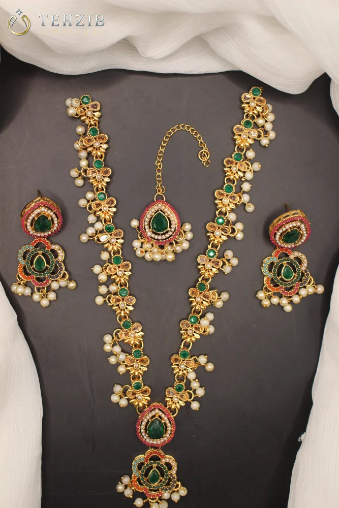 Premium Naurattan Floral Mala Necklace with Earrings and Tika
