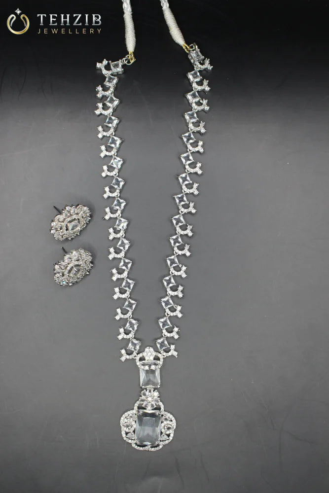 Premium Nita Ambani Zircon Mala Necklace Set White