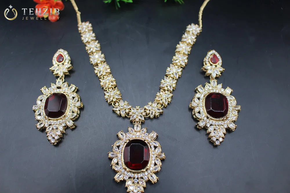 Premium Zarbahaar Necklace Set Red