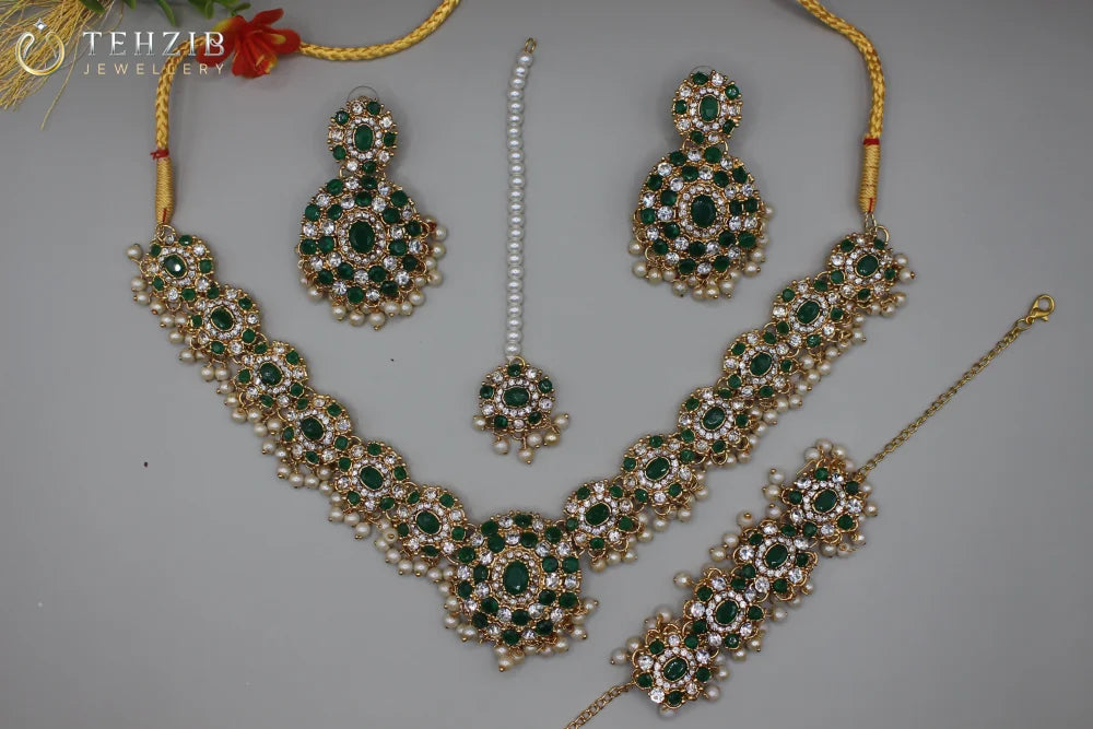 Designers Zircon Necklace Set with Earrings, Bracelet and Tikka