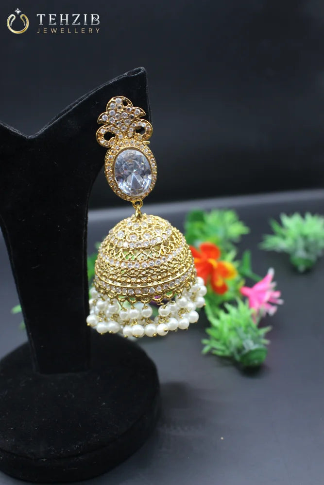 Traditional Golden Crystal Stone Jhumkay 