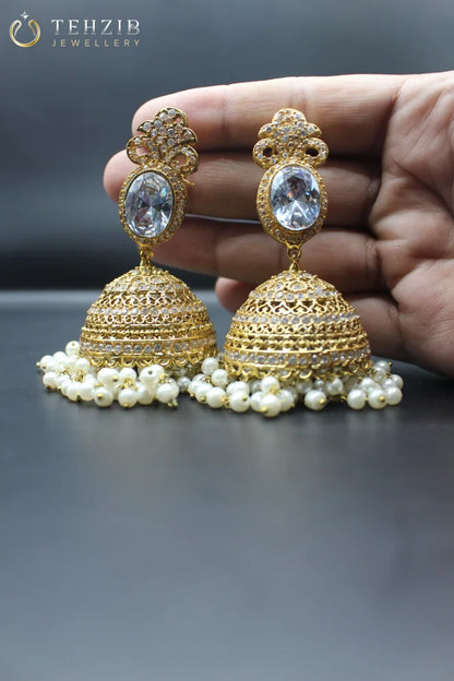 Traditional Golden Crystal Stone Jhumkay 