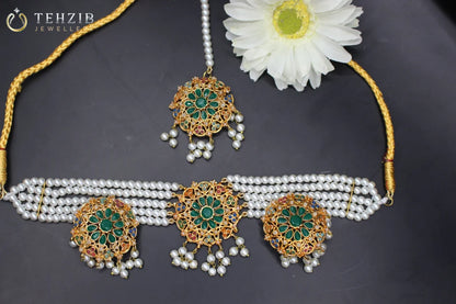 Zoya's Signature Round Nauratan Choker Set with Earrings and Tikka