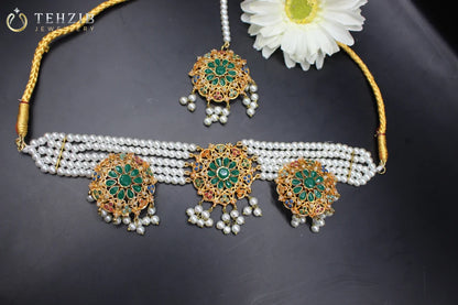 Zoya's Signature Round Nauratan Choker Set with Earrings and Tikka