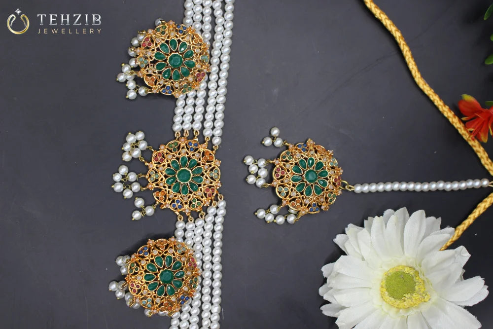 Zoya's Signature Round Nauratan Choker Set with Earrings and Tikka