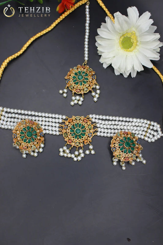 Zoya's Signature Round Nauratan Choker Set with Earrings and Tikka