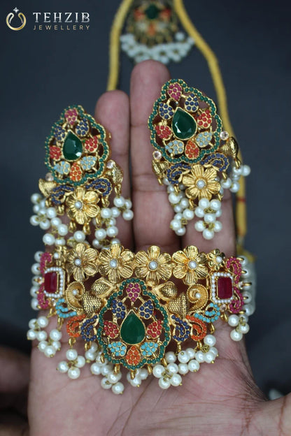 Turkish Nauratan Choker with Earrings and Tikka