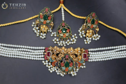 Turkish Nauratan Choker with Earrings and Tikka