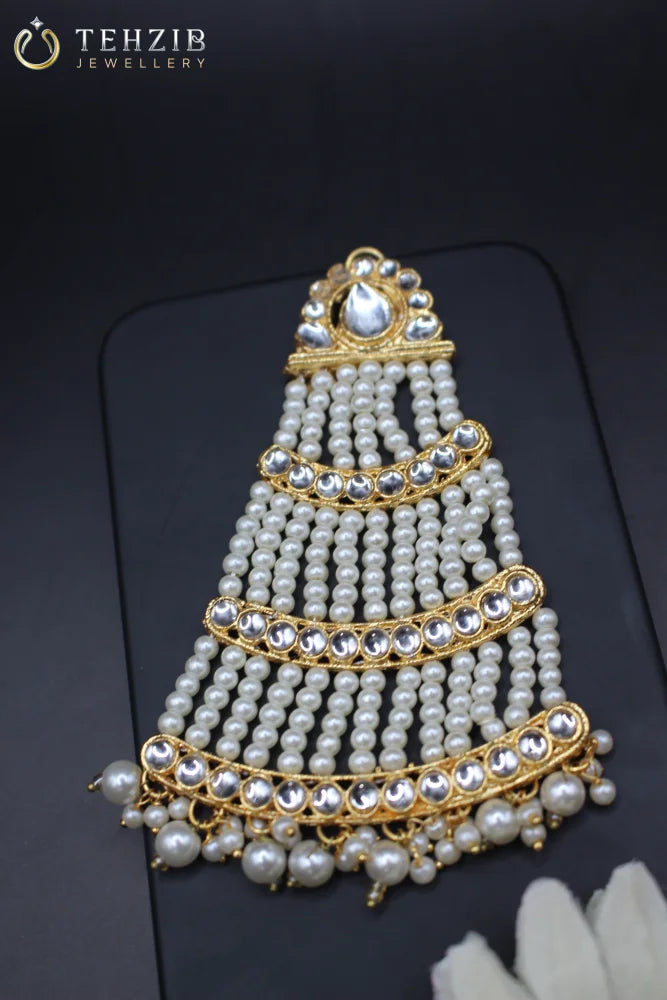 Gold Tone Kundan Hair Jhoomer with Faux Pearl 