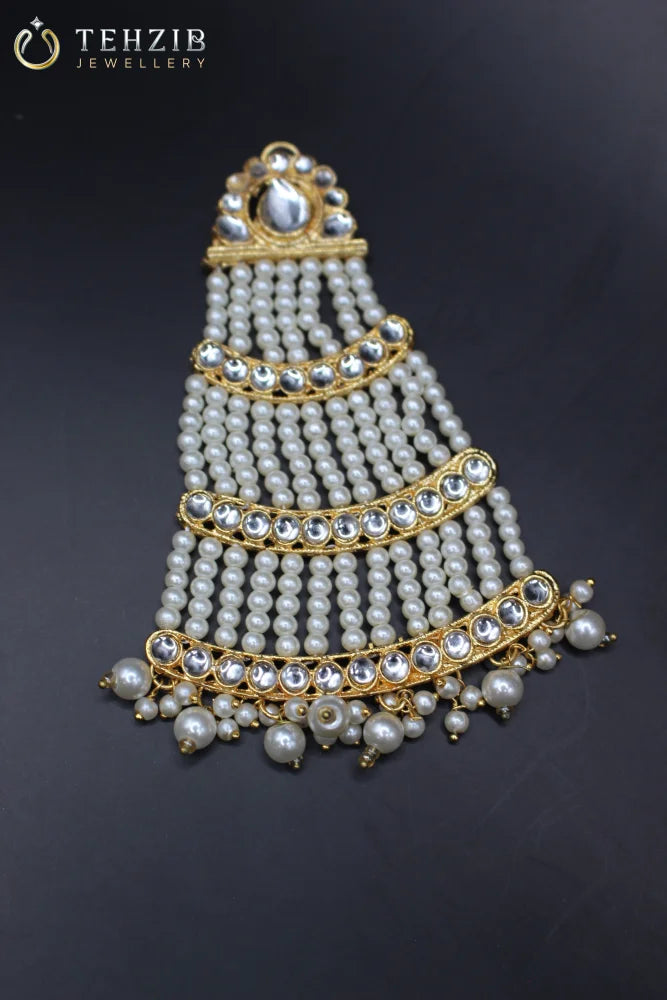 Gold Tone Kundan Hair Jhoomer with Faux Pearl 