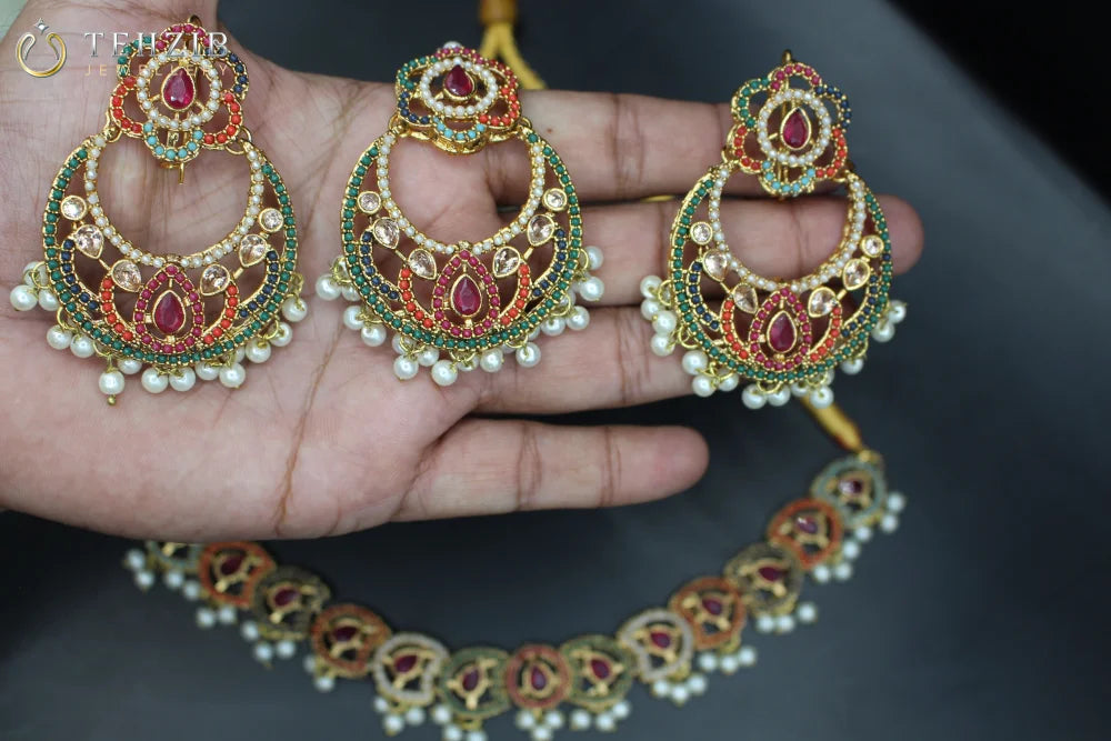 Nauratan Necklace Set with Jhumar and Earrings