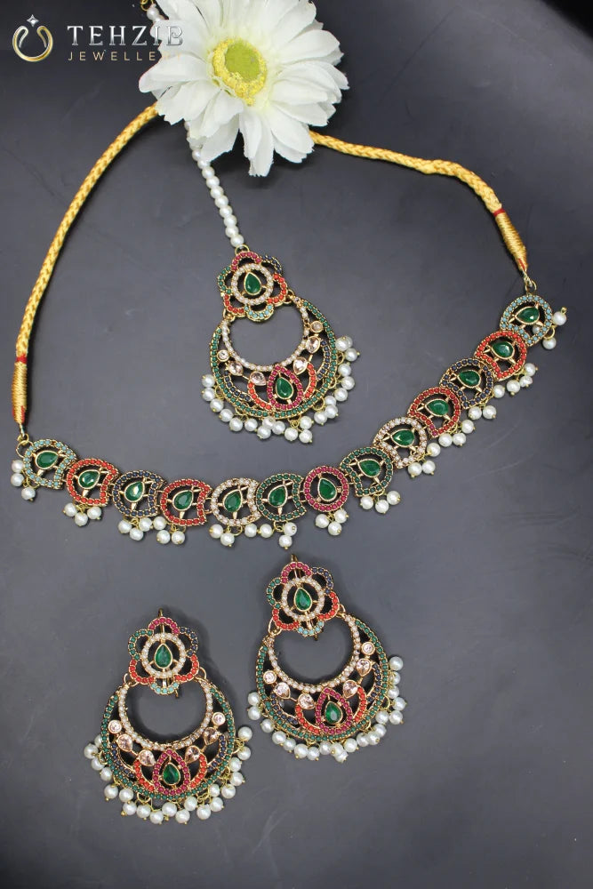 Nauratan Necklace Set with Jhumar and Earrings