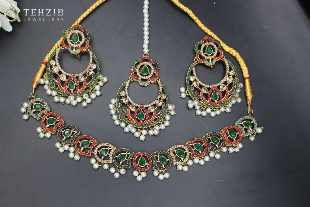 Nauratan Necklace Set with Jhumar and Earrings