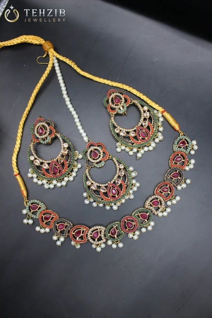 Nauratan Necklace Set with Jhumar and Earrings