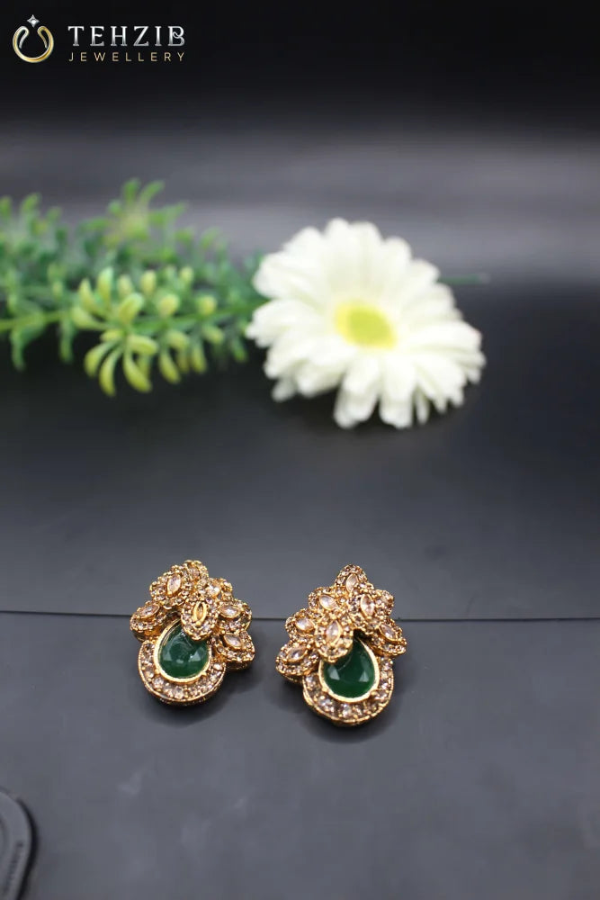 Emerald Green Zircon Leaves Stud 